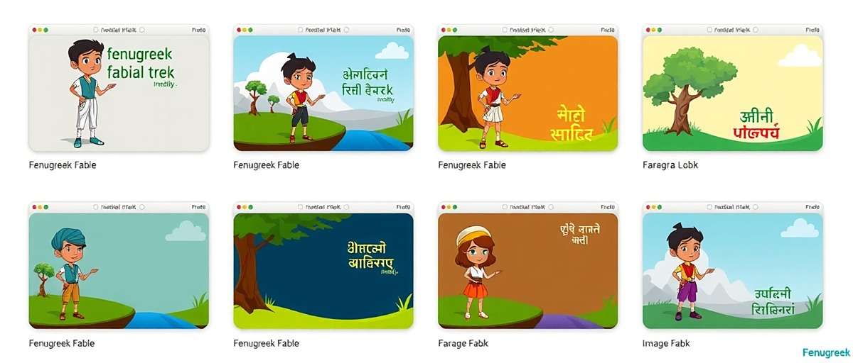 Fenugreek Fable Indian Trek localized versions showing different regional character designs and interfaces in various Indian languages