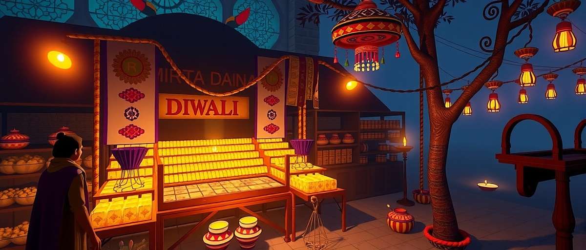 Fenugreek Fable Indian Trek Diwali celebration showing a virtual market decorated with diyas and players exchanging gifts of rare fenugreek varieties
