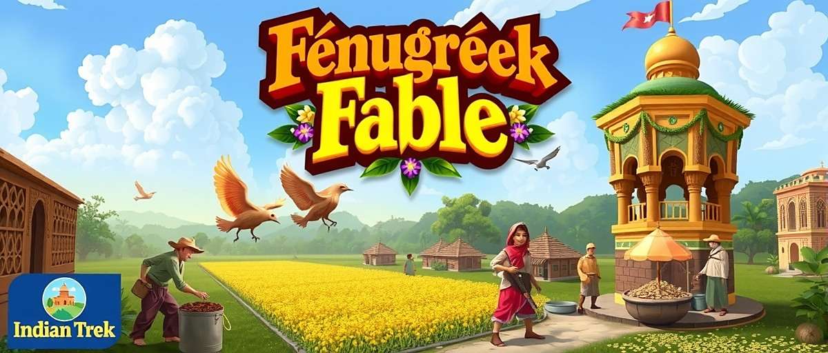 Fenugreek Fable Indian Trek game cover showing a vibrant Indian village scene with farmers harvesting fenugreek and traders exchanging spices