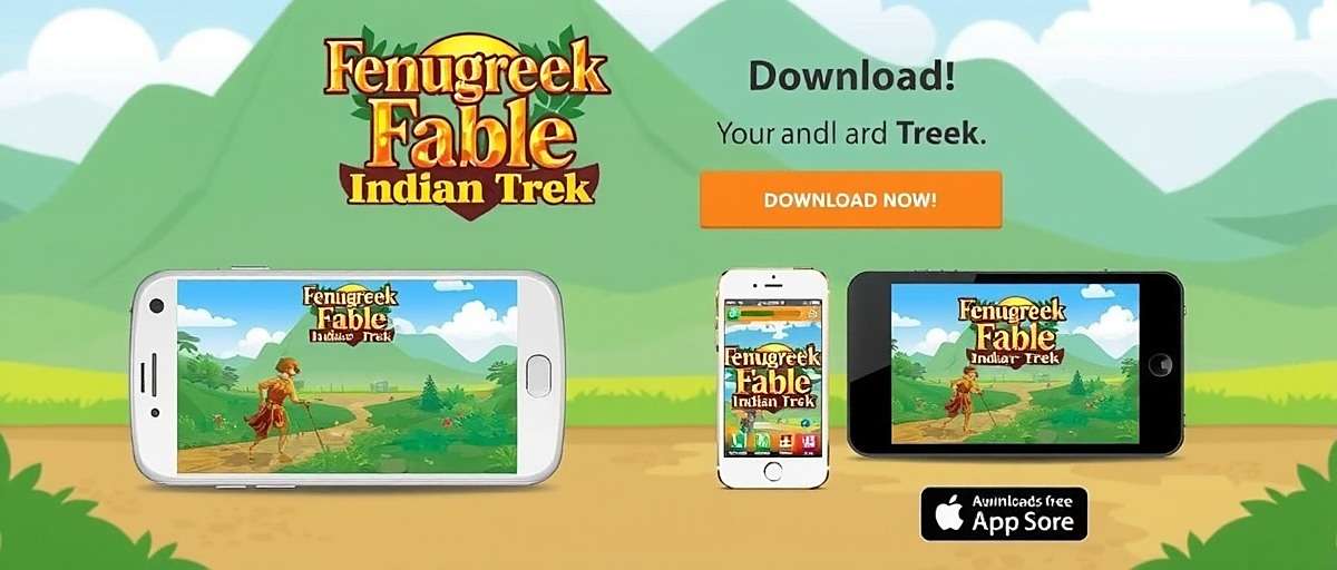 Fenugreek Fable Indian Trek download page showing the game icon on various mobile devices with download buttons for Android and iOS