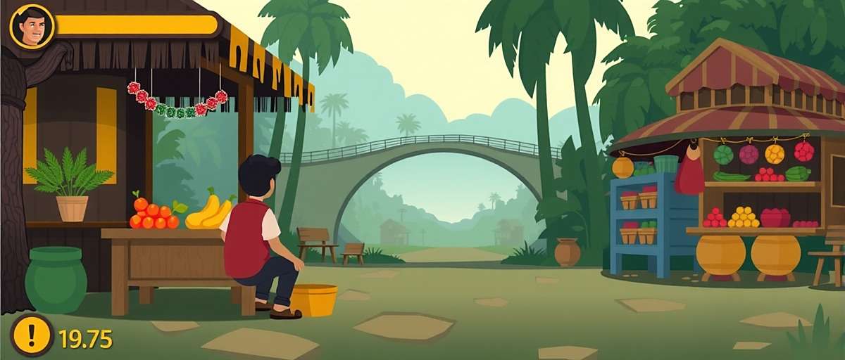 Fenugreek Fable Indian Trek gameplay showing a player negotiating prices with a village merchant in a rural Indian marketplace